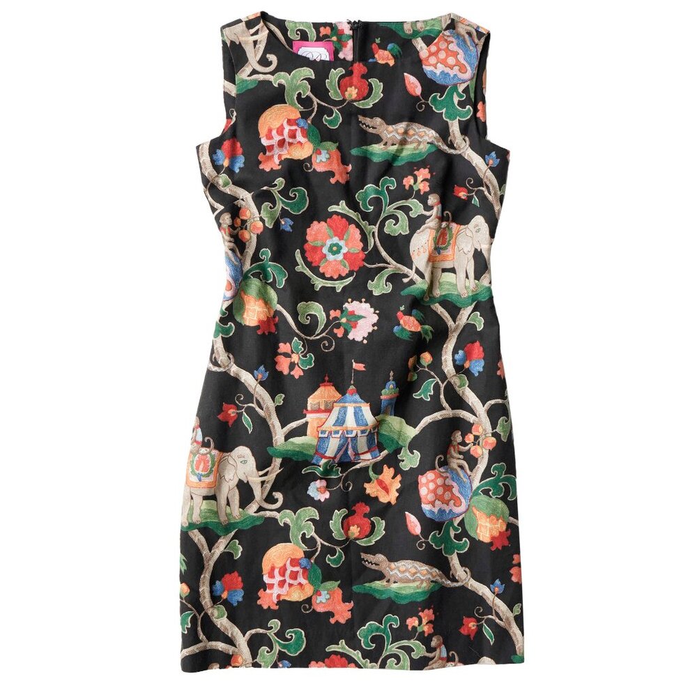 Bee Collection Black Safari Dress Vintage 90s Preppy Elephant Circus Sheath Midi